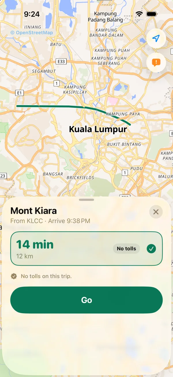 Trip from KLCC to Mont Kiara: 14 minutes, no tolls